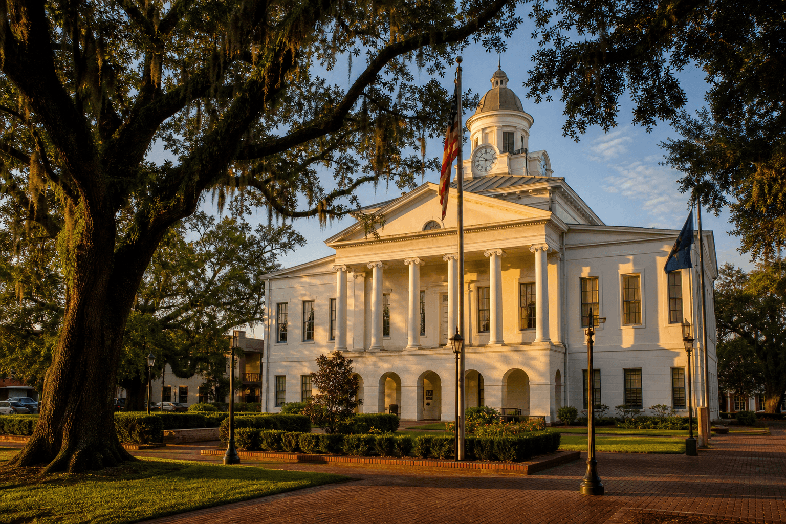 Historic parish courthouse square with live oaks in late afternoon light