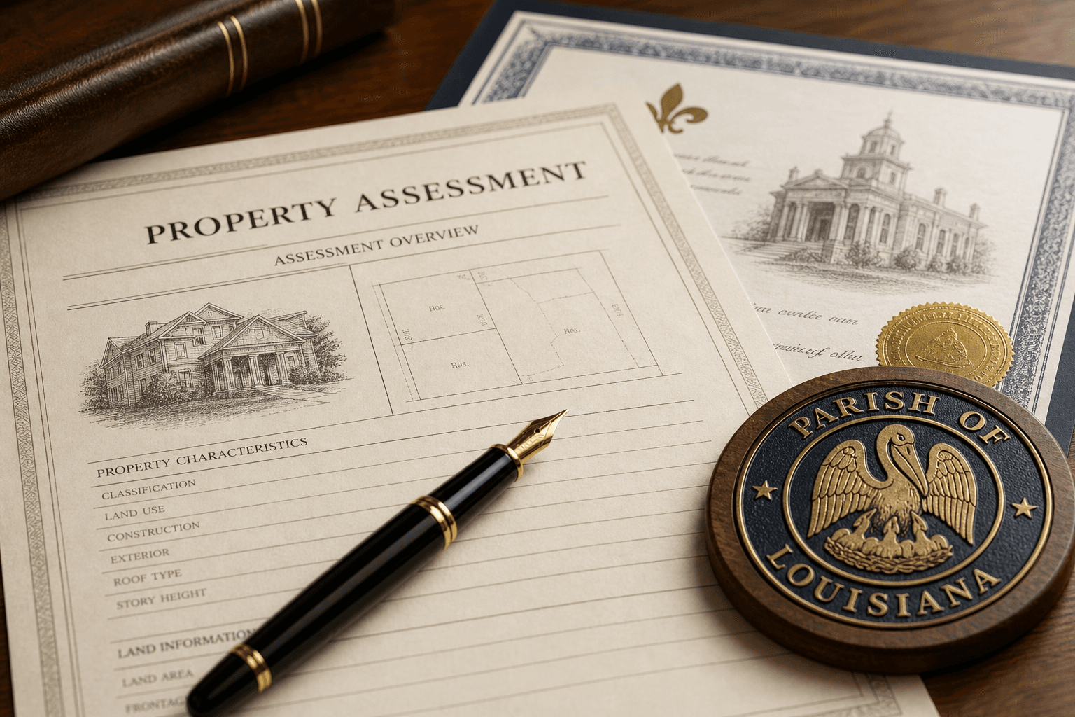 Property assessment documents on a wooden desk